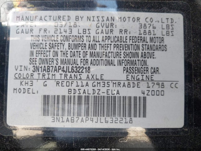 3N1AB7AP4JL632218 Nissan SENTRA SV