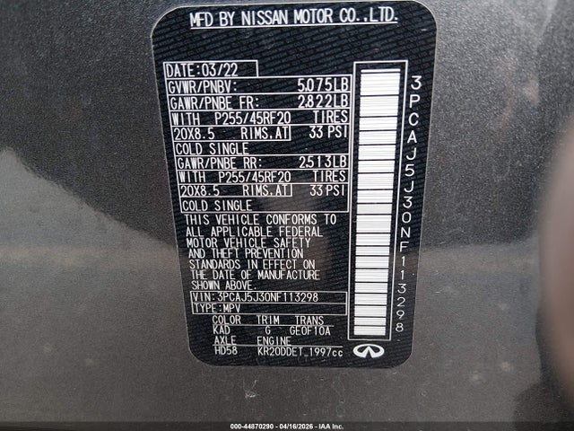 Продаж на аукціоні авто 2022 Infiniti Qx55 Luxe Awd, vin: 3PCAJ5J30NF113298, номер лоту: 44870290