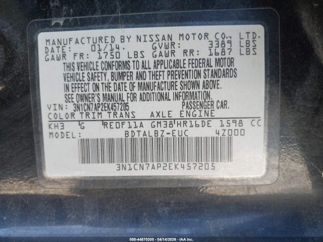 44870300 :رقم المزاد ، 3N1CN7AP2EK457205 vin ، 2014 Nissan Versa 1.6 Sv مزاد بيع