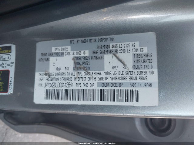 44870302 :رقم المزاد ، JM1CW2DL0C0143644 vin ، 2012 Mazda Mazda5 Grand Touring مزاد بيع