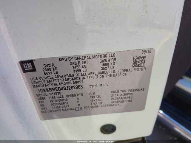 44870313 :رقم المزاد ، 1GKKRRED4BJ202968 vin ، 2011 Gmc Acadia Slt-1 مزاد بيع
