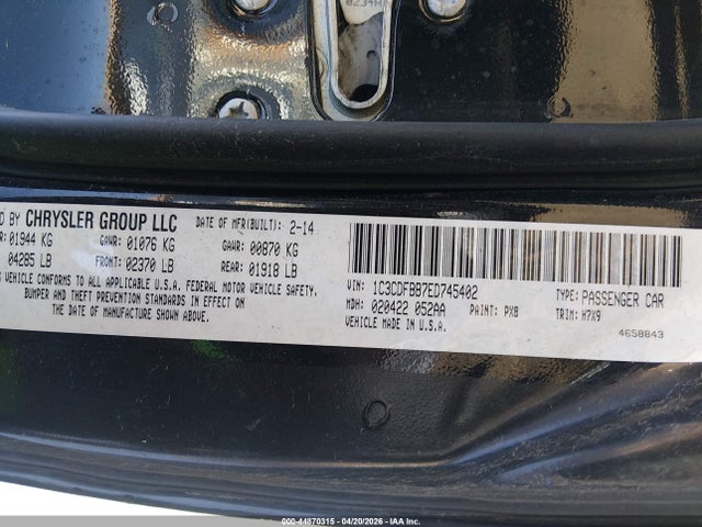2014 Dodge Dart Sxt მანქანა იყიდება აუქციონზე, vin: 1C3CDFBB7ED745402, აუქციონის ნომერი: 44870315
