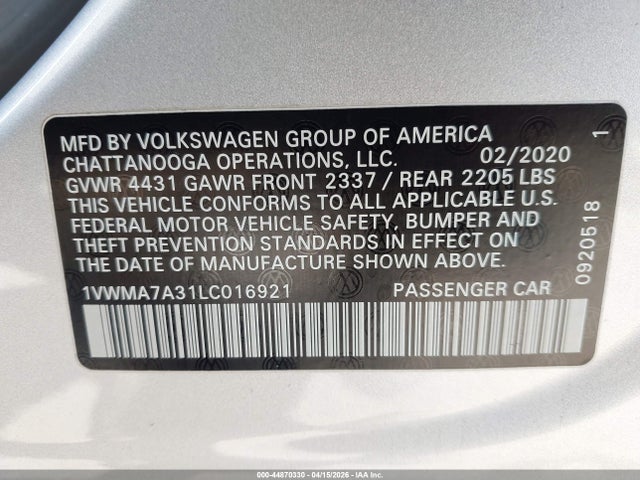 1VWMA7A31LC016921 Volkswagen Passat 2.0t R-line