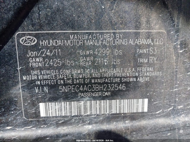 Продаж на аукціоні авто 2011 Hyundai Sonata Se, vin: 5NPEC4AC3BH232546, номер лоту: 44870332