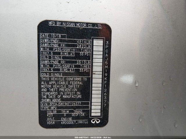 Aukcja sprzedaży 2019 Infiniti Qx50 Luxe, vin: 3PCAJ5M19KF126377, numer aukcji: 44870341