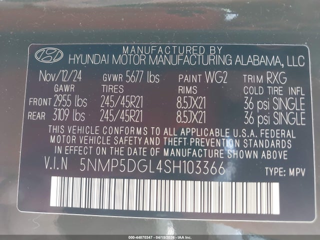 2025 Hyundai Santa Fe Calligraphy მანქანა იყიდება აუქციონზე, vin: 5NMP5DGL4SH103366, აუქციონის ნომერი: 44870347