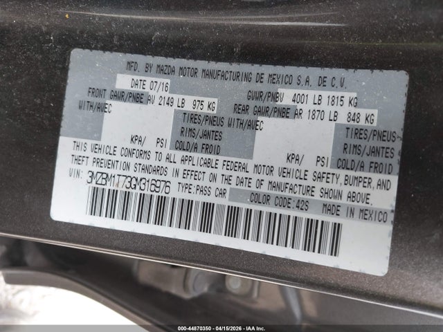 Aukcja sprzedaży 2016 Mazda Mazda3 I Sport, vin: 3MZBM1T73GM316976, numer aukcji: 44870350