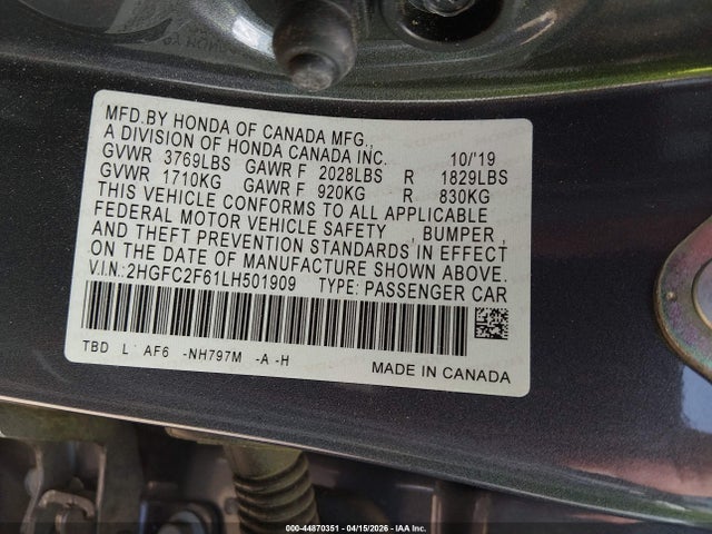 Продажа на аукционе авто 2020 Honda Civic Lx, vin: 2HGFC2F61LH501909, номер лота: 44870351