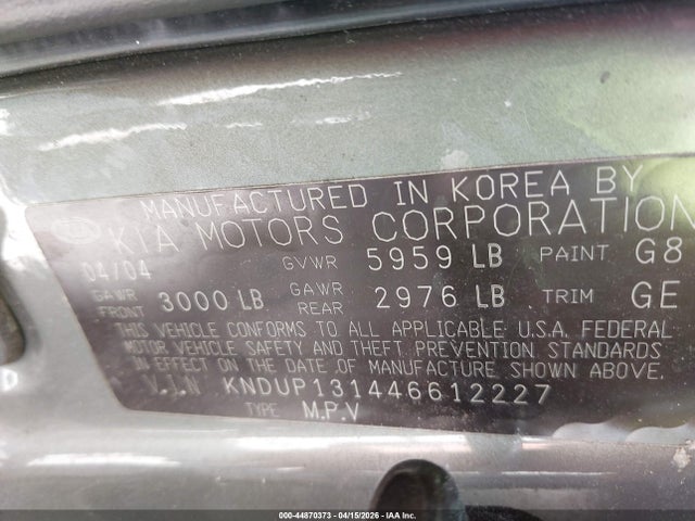 Aukcja sprzedaży 2004 Kia Sedona Ex/lx, vin: KNDUP131446612227, numer aukcji: 44870373