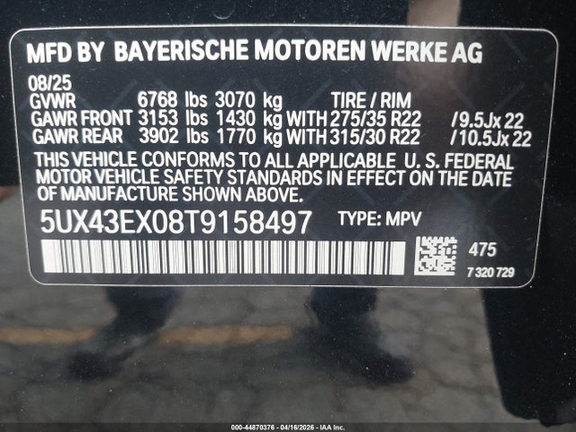 2026 Bmw X6 M60i მანქანა იყიდება აუქციონზე, vin: 5UX43EX08T9158497, აუქციონის ნომერი: 44870376