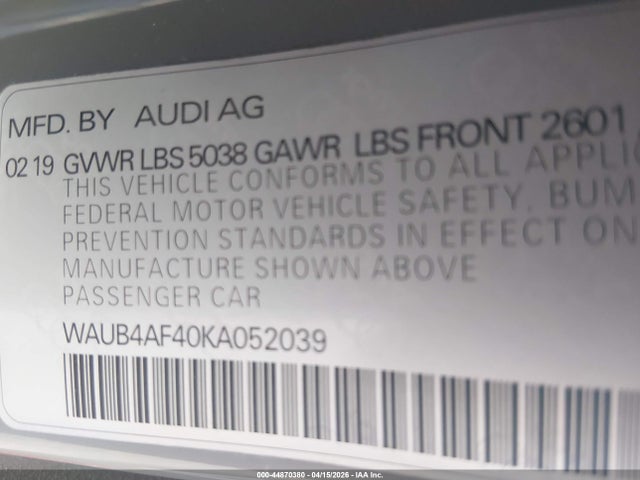 Продажа на аукционе авто 2019 Audi S4 3.0t Premium, vin: WAUB4AF40KA052039, номер лота: 44870380