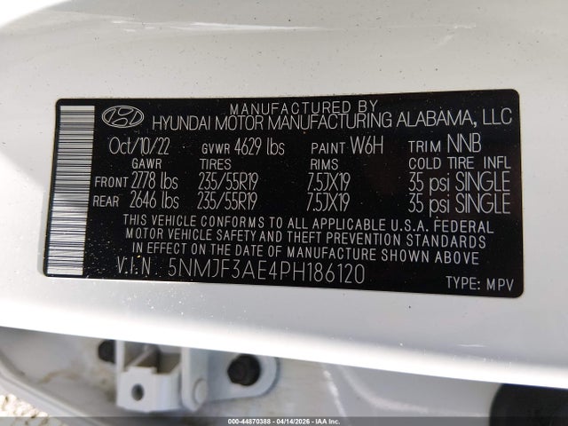 Aukcja sprzedaży 2023 Hyundai Tucson Sel, vin: 5NMJF3AE4PH186120, numer aukcji: 44870388