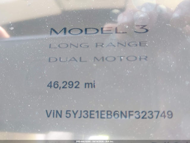 Продажа на аукционе авто 2022 Tesla Model 3 Long Range Dual Motor All-wheel Drive, vin: 5YJ3E1EB6NF323749, номер лота: 44870395