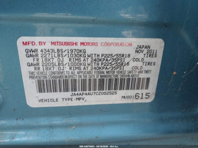 44870403 :رقم المزاد ، JA4AP4AU7CZ002525 vin ، 2012 Mitsubishi Outlander Sport Se مزاد بيع