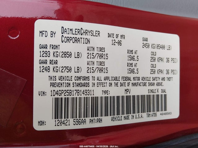 Aukcja sprzedaży 2007 Dodge Caravan Se, vin: 1D4GP25B17B149311, numer aukcji: 44870405