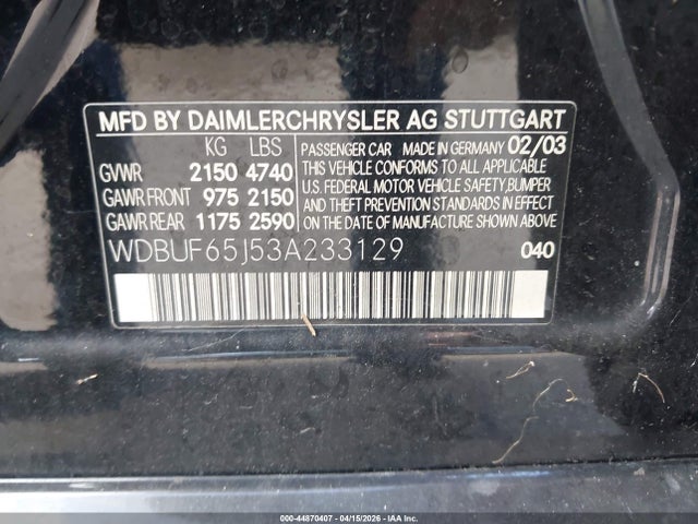 Aukcja sprzedaży 2003 Mercedes-benz E 320, vin: WDBUF65J53A233129, numer aukcji: 44870407