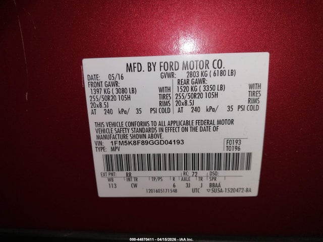 Продаж на аукціоні авто 2016 Ford Explorer Limited, vin: 1FM5K8F89GGD04193, номер лоту: 44870411