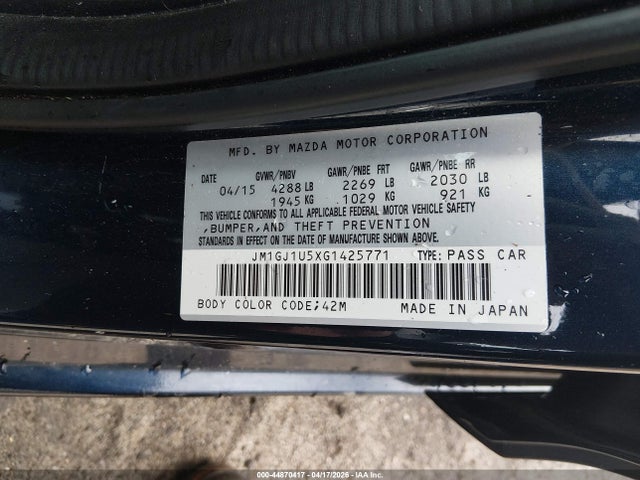 2016 Mazda Mazda6 I Sport მანქანა იყიდება აუქციონზე, vin: JM1GJ1U5XG1425771, აუქციონის ნომერი: 44870417