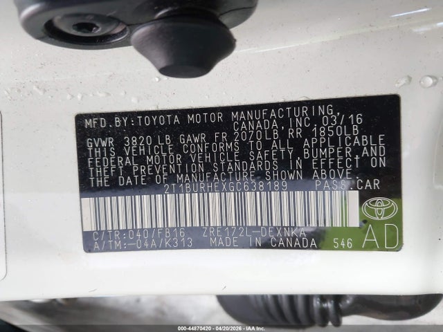 44870420 :رقم المزاد ، 2T1BURHEXGC638189 vin ، 2016 Toyota Corolla Le Plus مزاد بيع