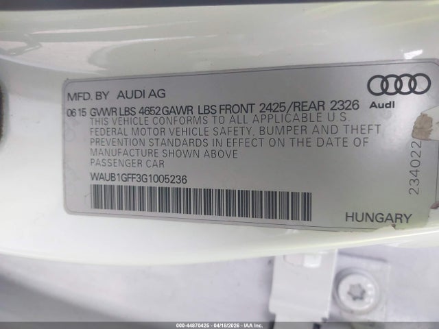 Aukcja sprzedaży 2016 Audi S3 2.0t Premium Plus, vin: WAUB1GFF3G1005236, numer aukcji: 44870425