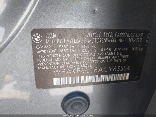 Продаж на аукціоні авто 2010 Bmw 750li, vin: WBAKB8C58ACY63554, номер лоту: 44870434