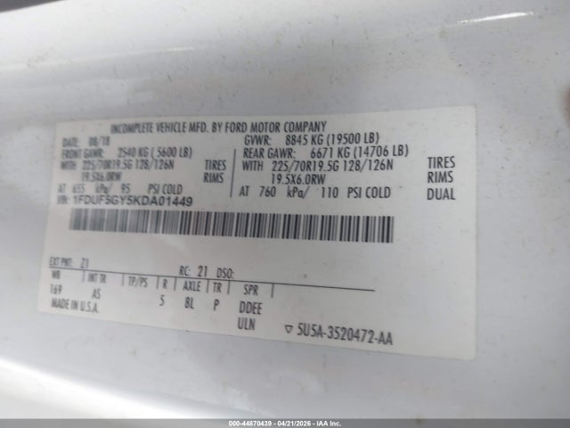 44870439 :رقم المزاد ، 1FDUF5GY5KDA01449 vin ، 2019 Ford F-550 Chassis Xl مزاد بيع