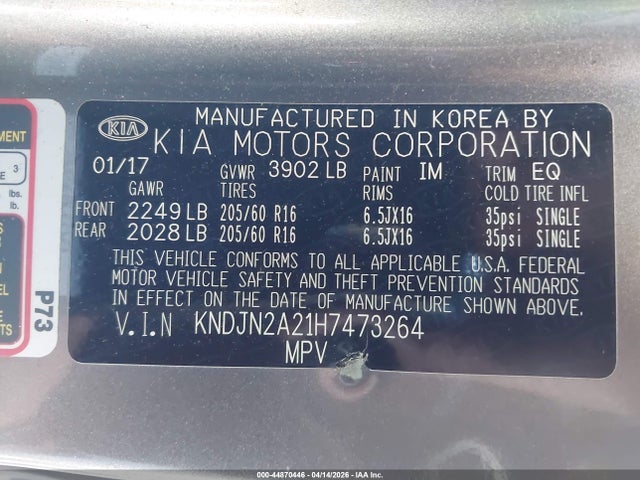 2017 Kia Soul მანქანა იყიდება აუქციონზე, vin: KNDJN2A21H7473264, აუქციონის ნომერი: 44870446