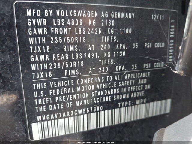 2012 Volkswagen Tiguan Se მანქანა იყიდება აუქციონზე, vin: WVGAV7AX3CW557380, აუქციონის ნომერი: 44870458
