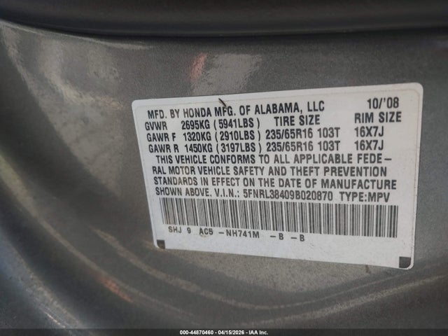 2009 HONDA ODYSSEY 5FNRL38409B020870 Photo 8