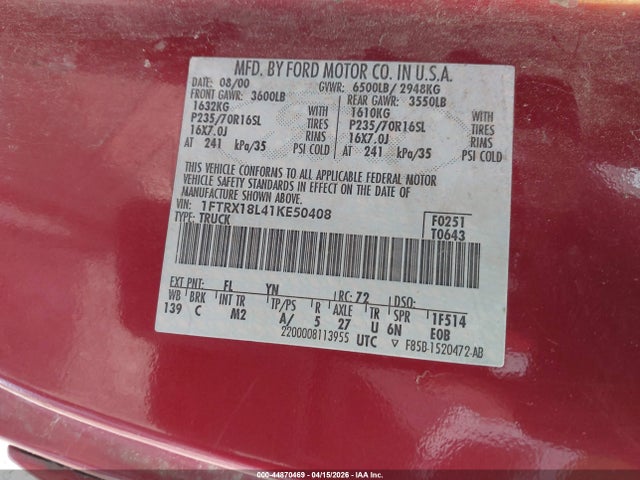 Aukcja sprzedaży 2001 Ford F-150 Lariat/xl/xlt, vin: 1FTRX18L41KE50408, numer aukcji: 44870469