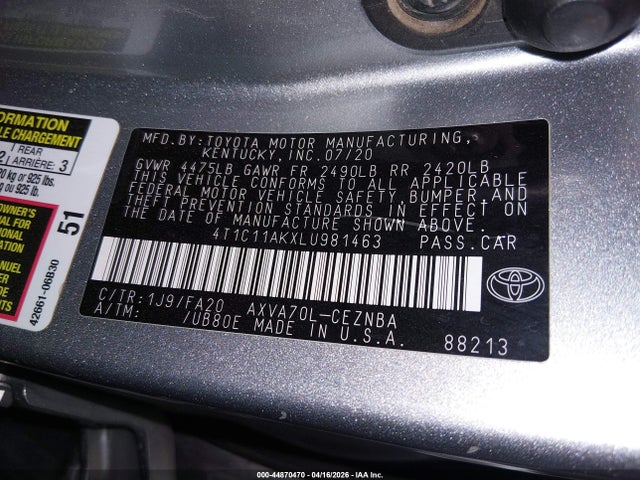 4T1C11AKXLU981463 Toyota CAMRY LE