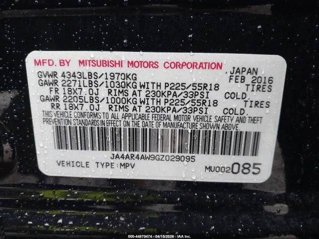 2016 Mitsubishi Outlander Sport 2.4 Sel მანქანა იყიდება აუქციონზე, vin: JA4AR4AW9GZ029095, აუქციონის ნომერი: 44870474