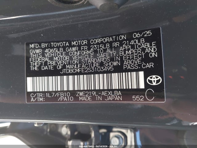 2025 Toyota Corolla Hybrid Le მანქანა იყიდება აუქციონზე, vin: JTDBCMFE2S3103495, აუქციონის ნომერი: 44870483