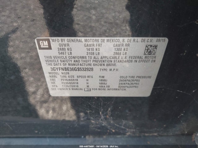 44870491 :رقم المزاد ، 3GYFNBE36GS532828 vin ، 2016 Cadillac Srx Luxury Collection مزاد بيع
