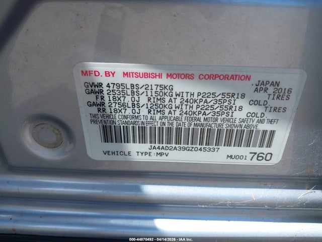 Mitsubishi Outlander Es 2016 JA4AD2A39GZ045337 Image 9