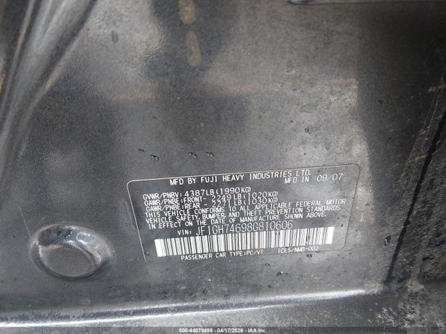 2008 Subaru Impreza Wagon (natl) Wrx მანქანა იყიდება აუქციონზე, vin: JF1GH74698G810606, აუქციონის ნომერი: 44870499