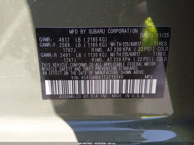 Продаж на аукціоні авто 2026 Subaru Crosstrek, vin: 4S4GUHB61T3715340, номер лоту: 44870502