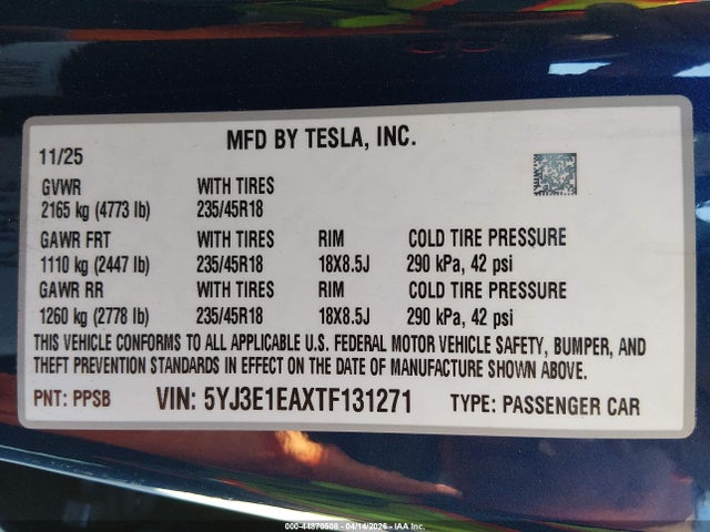 2026 TESLA MODEL 3 5YJ3E1EAXTF131271 Photo 8