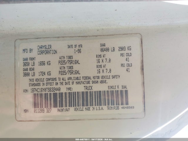 1996 Dodge Ram 1500 მანქანა იყიდება აუქციონზე, vin: 1B7HC16Y0TS632440, აუქციონის ნომერი: 44870511