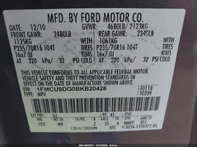 2011 FORD ESCAPE 1FMCU9DG0BKB20428 Photo 8