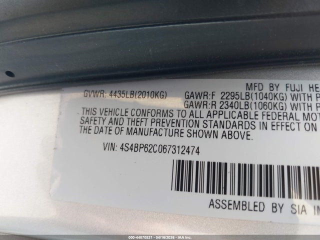 Продаж на аукціоні авто 2006 Subaru Outback 2.5i Limited, vin: 4S4BP62C067312474, номер лоту: 44870521