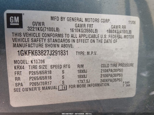 2007 GMC YUKON 1GKFK63827J291831 Photo 8