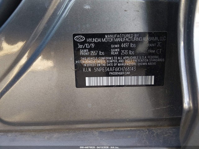 Aukcja sprzedaży 2019 Hyundai Sonata Sel, vin: 5NPE34AF6KH768143, numer aukcji: 44870528