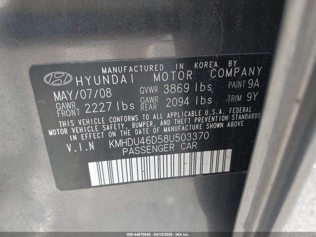 2008 HYUNDAI ELANTRA KMHDU46D58U503370 Photo 8