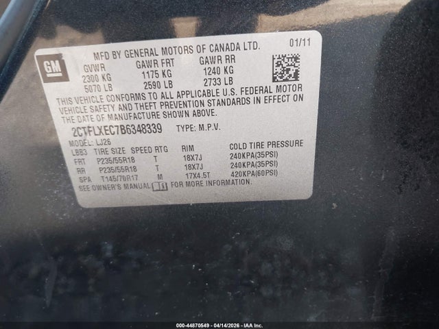 Aukcja sprzedaży 2011 Gmc Terrain Slt-2, vin: 2CTFLXEC7B6348339, numer aukcji: 44870549