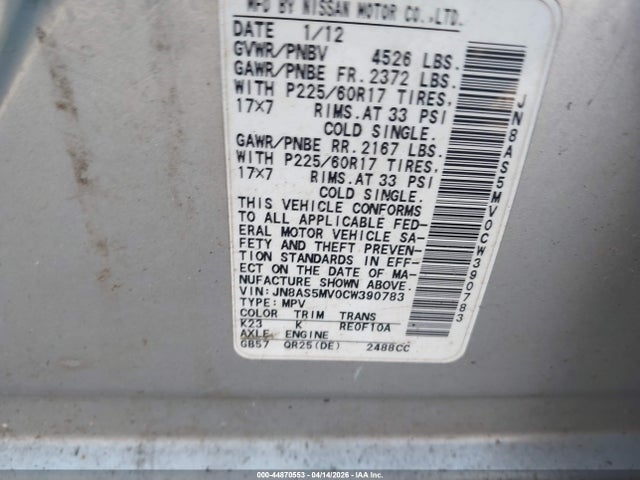 Продажа на аукционе авто 2012 Nissan Rogue Sv, vin: JN8AS5MV0CW390783, номер лота: 44870553