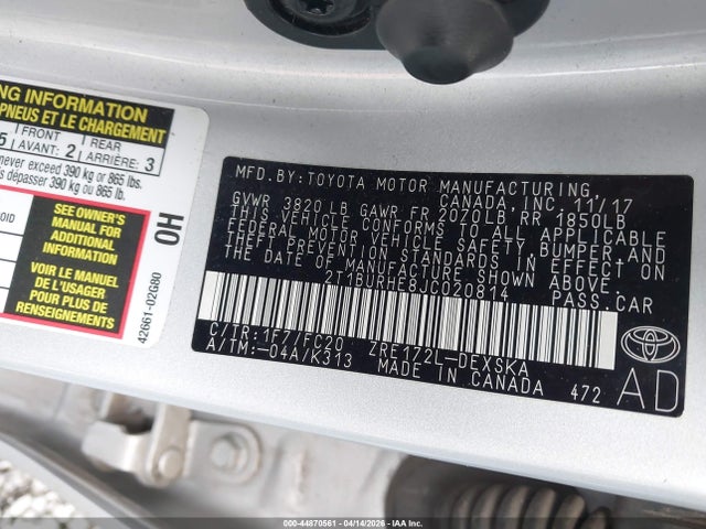 2018 Toyota Corolla Se მანქანა იყიდება აუქციონზე, vin: 2T1BURHE8JC020814, აუქციონის ნომერი: 44870561