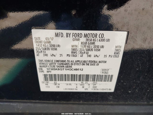 1FM5K8GT1HGC48612 Ford EXPLORER SPORT