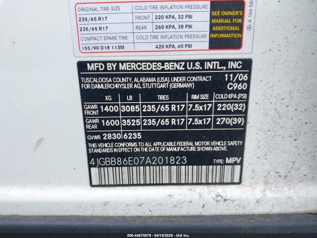 44870579 :رقم المزاد ، 4JGBB86E07A201823 vin ، 2007 Mercedes-benz Ml 350 4matic مزاد بيع