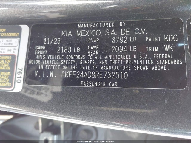 44870586 :رقم المزاد ، 3KPF24AD8RE732510 vin ، 2024 Kia Forte Lxs مزاد بيع